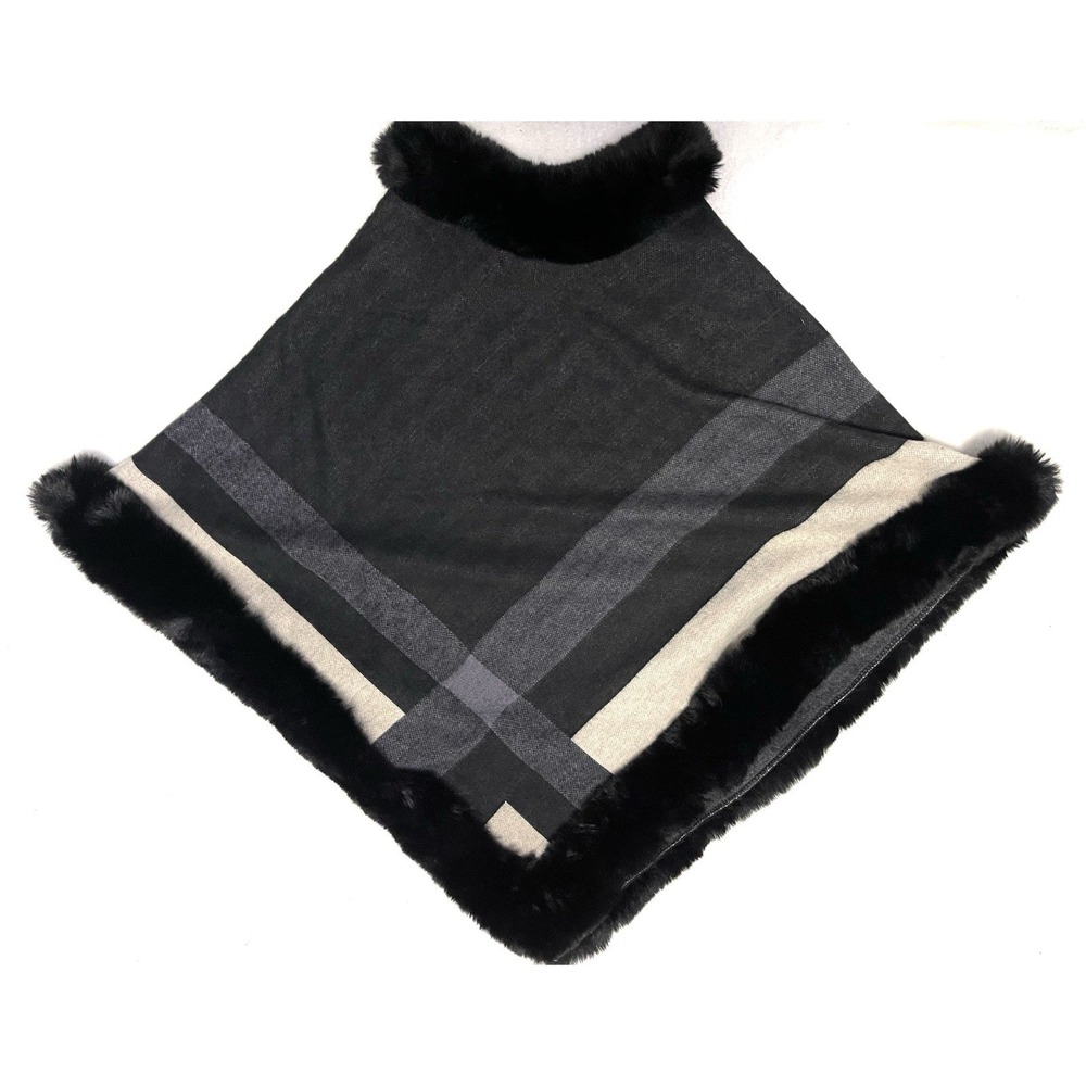 Cliche Women's Wool Black White Gray Geometric Faux Fur Trim Cape
